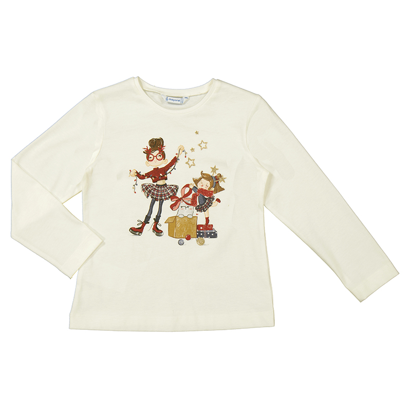 Mayoral L/S T-Shirt with Girl & Presents Style 4072 - Off White